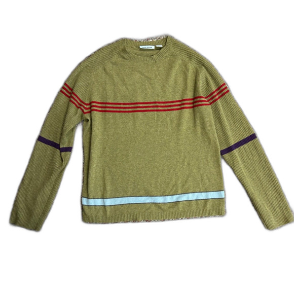 Gene Meyer Olive 100% Cashmere Red Blue Striped Crewneck Sweater Size XL - Picture 2 of 10